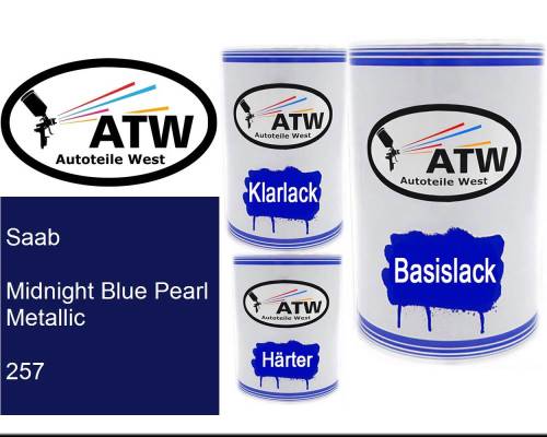 Saab, Midnight Blue Pearl Metallic, 257: 500ml Lackdose + 500ml Klarlack + 250ml Härter - Set, von ATW Autoteile West.